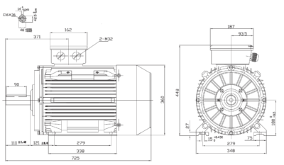 Motor trifazat 30kW 1400rpm ax 48mm IEC 180 - talpă B3 Dimensiuni motor trifazat 30kW 1400rpm 4 poli ax 48mm IEC 180 cu talpă B3