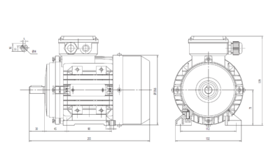 Motor Trifazat 0.75kW 3000 RPM Ax 14 mm IEC 71 - Schiță tehnică și dimensiuni de montaj Desen tehnic cotat al unui motor trifazat de 0.75 kW, 3000 RPM, cu ax de 14 mm și carcasă IEC 71, prezentat în vedere laterală și frontală, cu dimensiuni constructive detaliate.