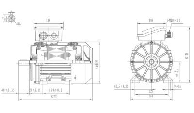 Dimensiuni montaj motor trifazat 0.37kW 1000rpm 80 B3 ax 19mm IE2 Dimensiuni motor trifazat 0.37kW 1000rpm 80 ax 19mm B3 IE2