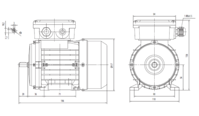 Motor trifazat 0.09kW 1400rpm ax 9mm - talpă B3 Dimensiuni motor trifazat 0.09kW 1400rpm 4 poli ax 9mm IEC 56 cu talpă B3