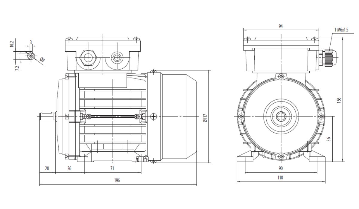 Dimensiuni Motor trifazat 0.09kW 3000rpm Ax 9mm IEC56 B3 Dimensiuni motor trifazat 0.09kW 3000rpm 56 ax 9mm B3