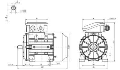 Motor trifazat 0.18kW 1400rpm ax 11mm IEC 63 - talpă B3 Dimensiuni motor trifazat 0.18kW 1400rpm 4 poli ax 11mm IEC 63 cu talpă B3