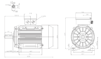 Motor trifazat 110kW 1400rpm ax 75mm IEC 280 - talpă B3 Dimensiuni motor trifazat 110kW 1400rpm 4 poli ax 75mm IEC 280 cu talpă B3