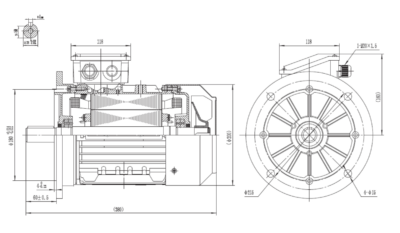 Motor trifazat 2.2kW 1000rpm ax 28mm IEC100 – flanșă mare B5 Dimensiuni motor trifazat 2.2kW 1000rpm 6 poli ax 28mm IEC100 cu flanșă mare B5