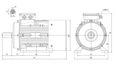 Motor trifazat 22kW 1000rpm ax 55mm IEC200 – talpă B3 Dimensiuni motor trifazat 22kW 1000rpm 6 poli ax 55mm IEC200 cu talpă B3