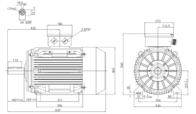 Motor trifazat 30kW 1000rpm ax 60mm IEC225 – talpă B3 Dimensiuni motor trifazat 30kW 1000rpm 6 poli ax 60mm IEC225 cu talpă B3