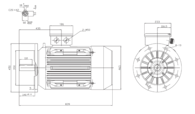 Motor trifazat 30kW 1000rpm ax 60mm IEC225 – flanșă mare B5 Dimensiuni motor trifazat 30kW 1000rpm 6 poli ax 60mm IEC225 cu flanșă mare B5
