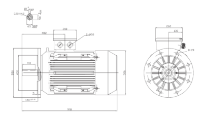 Motor trifazat 37kW 1000rpm ax 65mm IEC250 – flanșă mare B5 Dimensiuni motor trifazat 37kW 1000rpm 6 poli ax 65mm IEC250 cu flanșă mare B5
