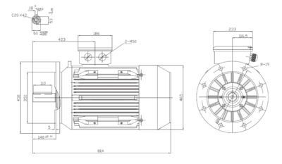 Motor trifazat 37kW 1500rpm ax 60mm IEC225 – flanșă mare B5 Dimensiuni motor trifazat 37kW 1500rpm 4 poli ax 60mm IEC225 cu flanșă mare B5