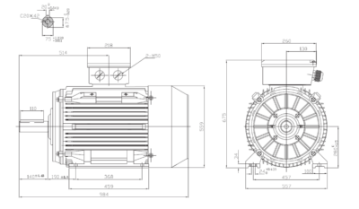 Motor trifazat 45kW 1000rpm ax 75mm IEC280 – talpă B3 Dimensiuni motor trifazat 45kW 1000rpm 6 poli ax 75mm IEC280 cu talpă B3