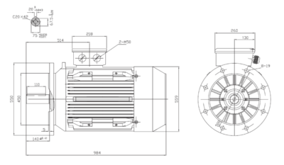Motor trifazat 45kW 1000rpm ax 75mm IEC280 – flanșă mare B5 Dimensiuni motor trifazat 45kW 1000rpm 6 poli ax 75mm IEC280 cu flanșă mare B5