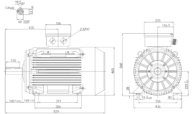 Motor trifazat 45kW 1400rpm ax 60mm IEC 225 - talpă B3 Dimensiuni motor trifazat 45kW 1400rpm 4 poli ax 60mm IEC 225 cu talpă B3