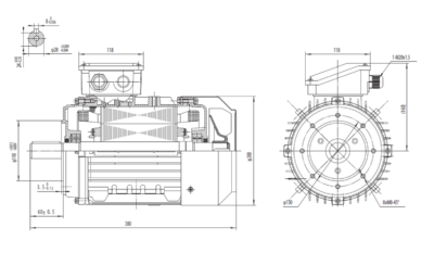 Motor trifazat 4kW 1500rpm ax 28mm IEC100 – flanșă mică B14 Dimensiuni motor trifazat 4kW 1500rpm 4 poli ax 28mm IEC100 cu flanșă mică B14