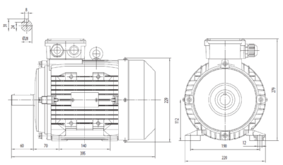 Motor trifazat 5.5kW 1400rpm ax 28mm IEC 112 - talpă B3 Dimensiuni motor trifazat 5.5kW 1400rpm 4 poli ax 28mm IEC 112 cu talpă B3