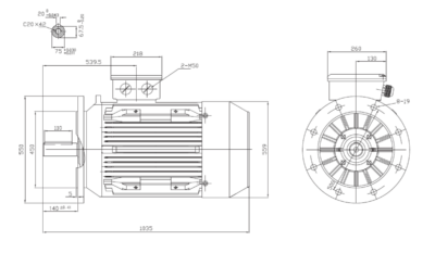 Motor trifazat 55kW 1000rpm ax 75mm IEC280 – flanșă mare B5 Dimensiuni motor trifazat 55kW 1000rpm 6 poli ax 75mm IEC280 cu flanșă mare B5