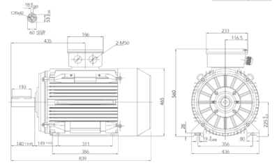 Motor trifazat 55kW 1400rpm ax 60mm IEC 225 - talpă B3 Dimensiuni motor trifazat 55kW 1400rpm 4 poli ax 60mm IEC 225 cu talpă B3