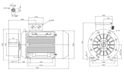 Motor trifazat 55kW 1400rpm ax 65mm IEC 250 - cu talpă + flanșă mare B35 Dimensiuni motor trifazat 55kW 1400rpm 4 poli ax 65mm IEC 250 cu talpă + flanșă mare B35