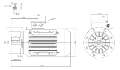 Motor trifazat 55kW 1500rpm ax 60mm IEC225 – flanșă mare B5 Dimensiuni motor trifazat 55kW 1500rpm 4 poli ax 60mm IEC225 cu flanșă mare B5