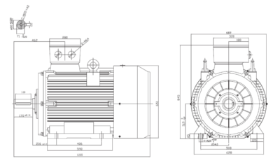 Motor trifazat 75kW 1000rpm ax 80mm IEC315 – talpă B3 Dimensiuni motor trifazat 75kW 1000rpm 6 poli ax 80mm IEC315 cu talpă B3