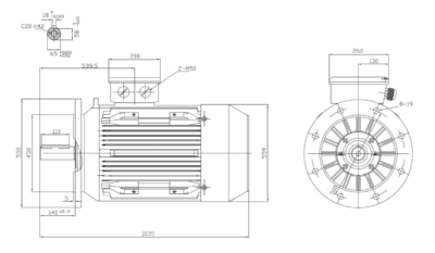 Dimensiuni montaj motor trifazat 90kW 3000rpm IEC280 B5 ax 65mm Dimensiuni motor trifazat 90kW 3000rpm IEC280 ax 65mm B5