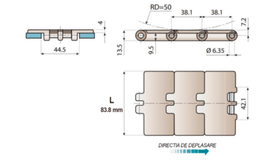 Dimensiuni lant transportor drept LF 820 K330 plastic – schita tehnica Dimensiuni lant transportor drept LF 820 K330 plastic – schita tehnica cu latime 83.8 mm, pas 38.1 mm si bolt 6.35 mm
