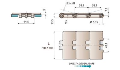 Dimensiuni lant transportor drept LF 820 K750 plastic – schita tehnica Dimensiuni lant transportor drept LF 820 K750 plastic – schita tehnica cu latime 190.5 mm, pas 38.1 mm si bolt 6.35 mm