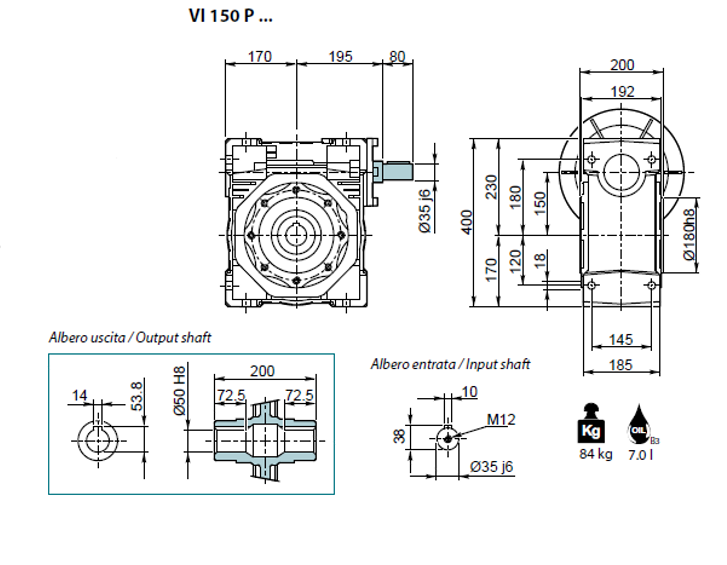 Reductor melcat cu ax la intrare 150 i=50 cu iesire de 50mm