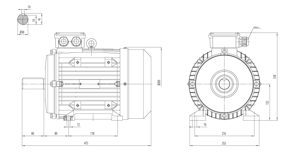 Motor electric trifazat 11kw 3000rpm 132 B3 - Dimensiuni Motor electric trifazat 11kw 3000rpm 132 B3