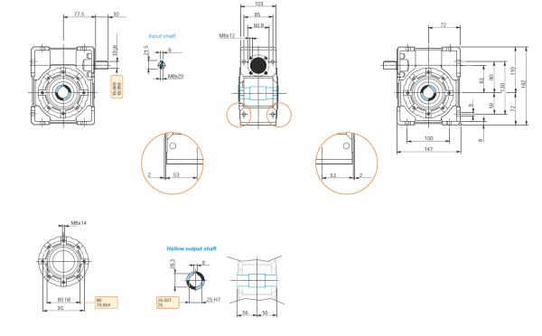 Dimensiune Reductor melcat cu ax la intrare 63