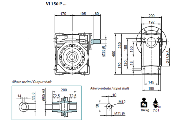 Dimensiuni reductor melcat cu ax la iesire 150