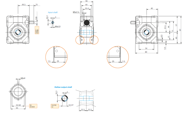 Dimensiuni reductor melcat cu ax la iesire 30