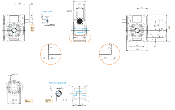 Dimensiuni reductor melcat cu ax la iesire 40