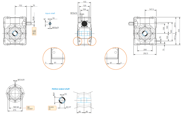 Dimensiuni reductor melcat cu ax la intrare 130