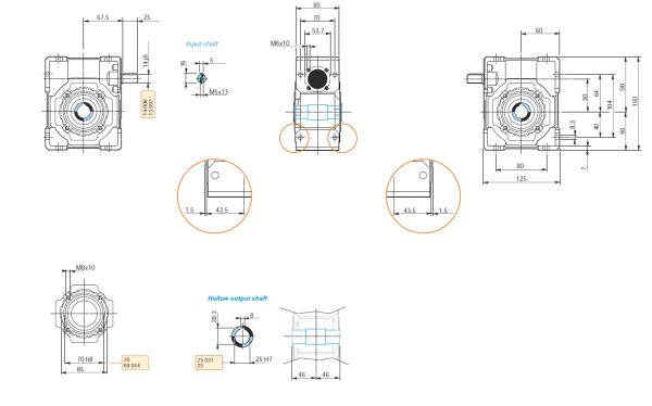 Dimensiuni reductor melcat cu ax la intrare 50