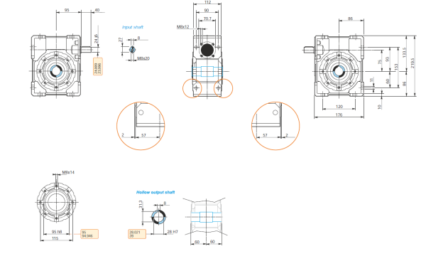 Dimensiuni reductor melcat cu ax la intrare 75