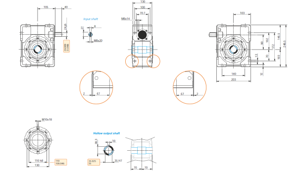 Dimensiuni reductor melcat cu ax la intrare 90