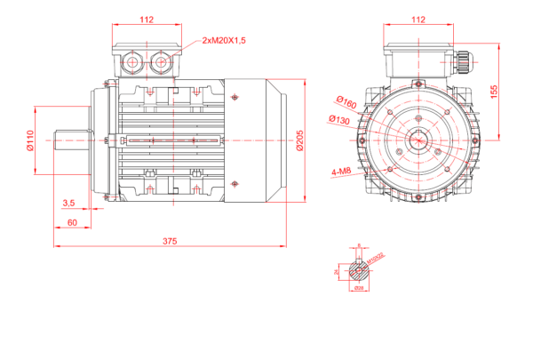 Motor electric trifazat 4kw 3000rpm 100 B14 IE2 aLL - Dimensiuni motor 100B14