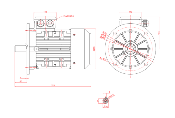 Motor electric trifazat 4kw 3000rpm 100 B5 aLL - Dimensiuni motor 100B5