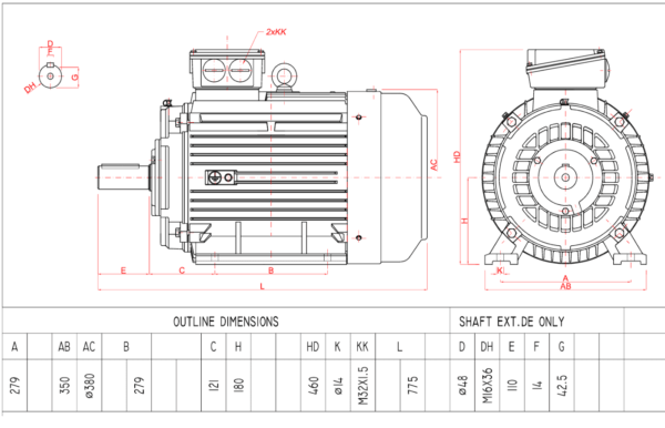 Motor electric trifazat 30kw 3000rpm 180 B3 IE2 aLL - Dimensiuni motor 180B3