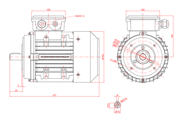 Motor electric trifazat 1.1kw 3000rpm 80 B14 aLL - Dimensiuni motor 80B14