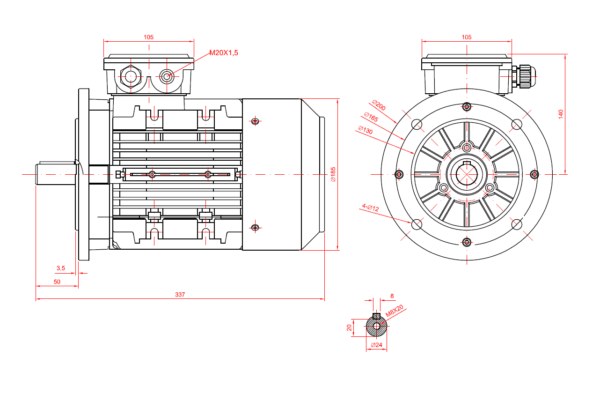 Motor electric trifazat 1.5kw 3000rpm 90 B5 IE2 aLL - Dimensiuni motor 90B5