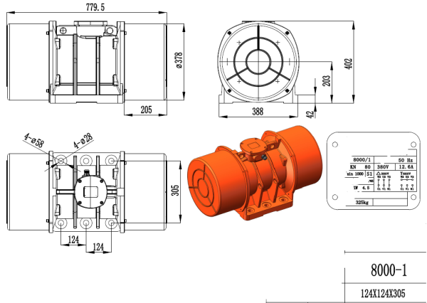 Dimensiuni Motor vibrator trifazat 8000-1 varianta 1