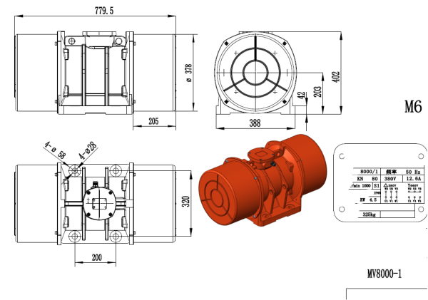 Dimensiuni Motor vibrator trifazat 8000-1 varianta 2