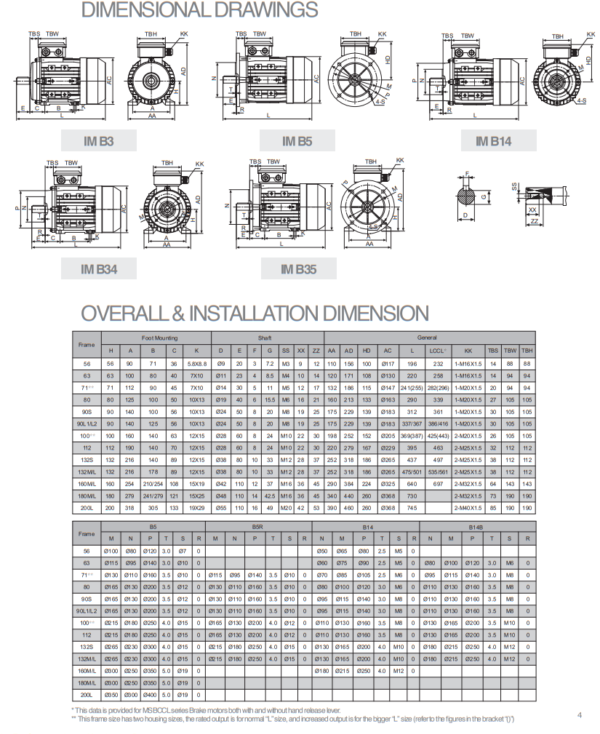 Motor trifazat cu frana ca 1.5kw 1000rpm 100B14 6Tc3 18Nm - Dimensiuni motoare electrice cu frana