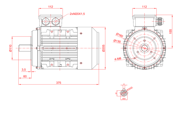 Motor trifazat cu frana ca 1.5kw 1000rpm 100B14 6Tc3 18Nm - Dimensiuni motor 100B14