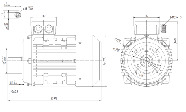 Motor trifazat cu frana ca 4kw 1400rpm 112B14 6Tc3 26Nm - Dimensiuni motor 112B14