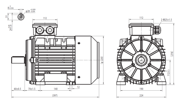 Motor trifazat cu frana ca 4kw 1400rpm 112B3 6Tc3 26Nm - Dimensiuni motor 112B3