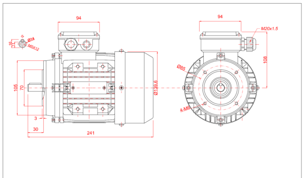 Motor trifazat cu frana ca 0.55kw 3000rpm 71B14 6Tc3 2Nm - Dimensiuni motor 71B14