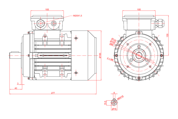 Motor trifazat cu frana ca 1.1kw 3000rpm 80B14 6Tc3 5Nm - Dimensiuni motor 80B14