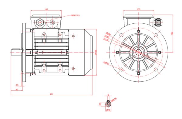 Motor trifazat cu frana ca 0.55kw 1400rpm 80B5 6Tc3 5Nm - Dimensiuni motor 80B5